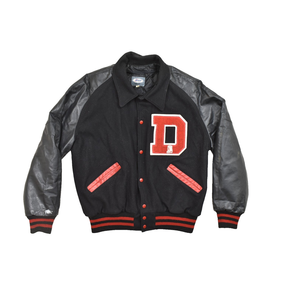 Neff Mens Large Vintage Varsity Bomber Jacket Black Red Wool Leather Letterman D